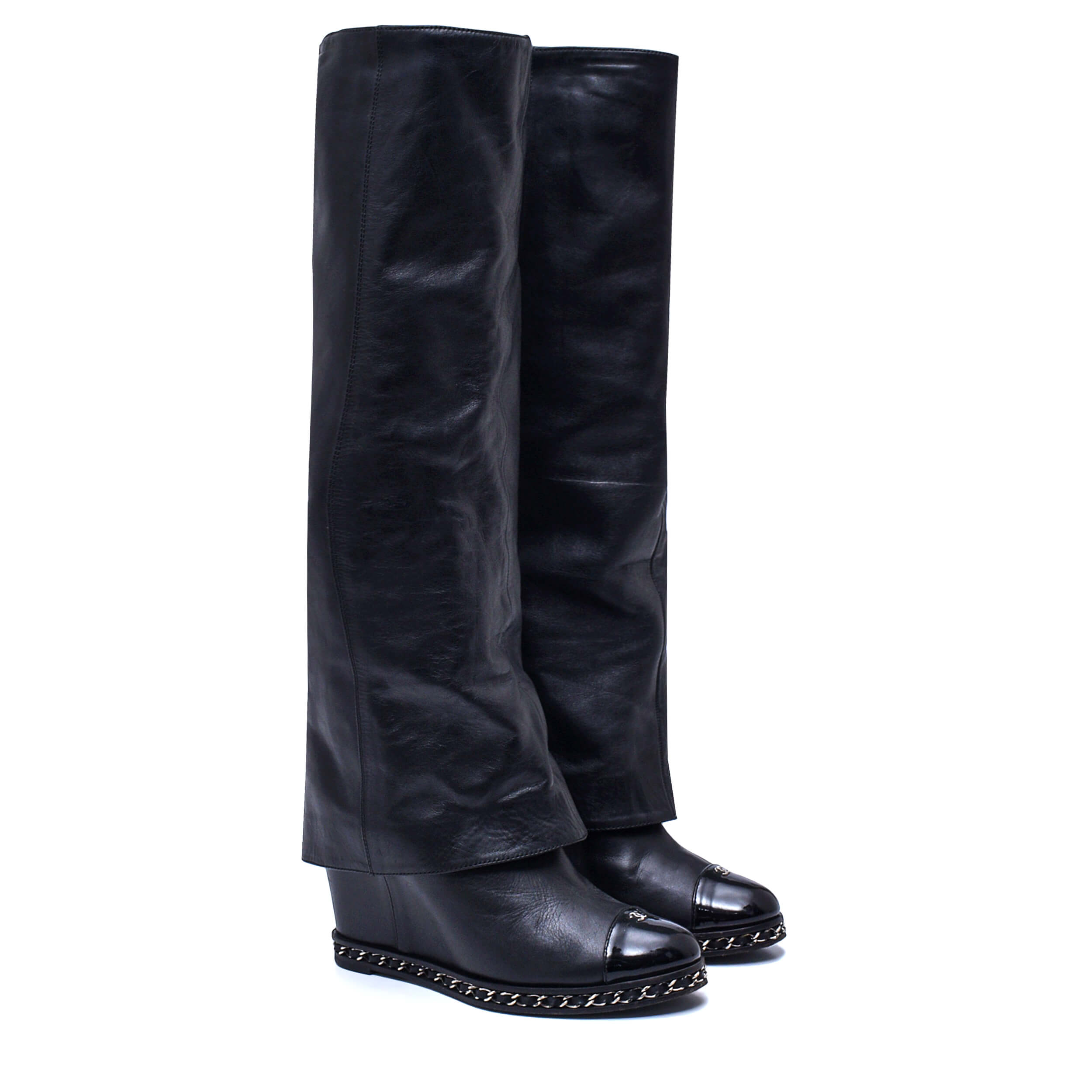 Chanel - Black Leather Chain Wedge Long Boots / 38